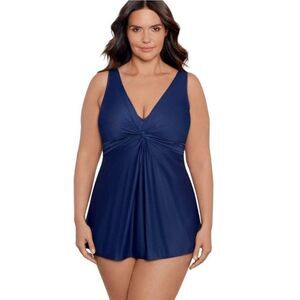 Shekini ‎ Solid Navy Blue One Piece Skirted Swim Dress Swimsuit NEW Size S